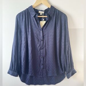 NWT See U Soon Silky Navy Blouse Women's XS Geo Pattern Button Down Office Chic
